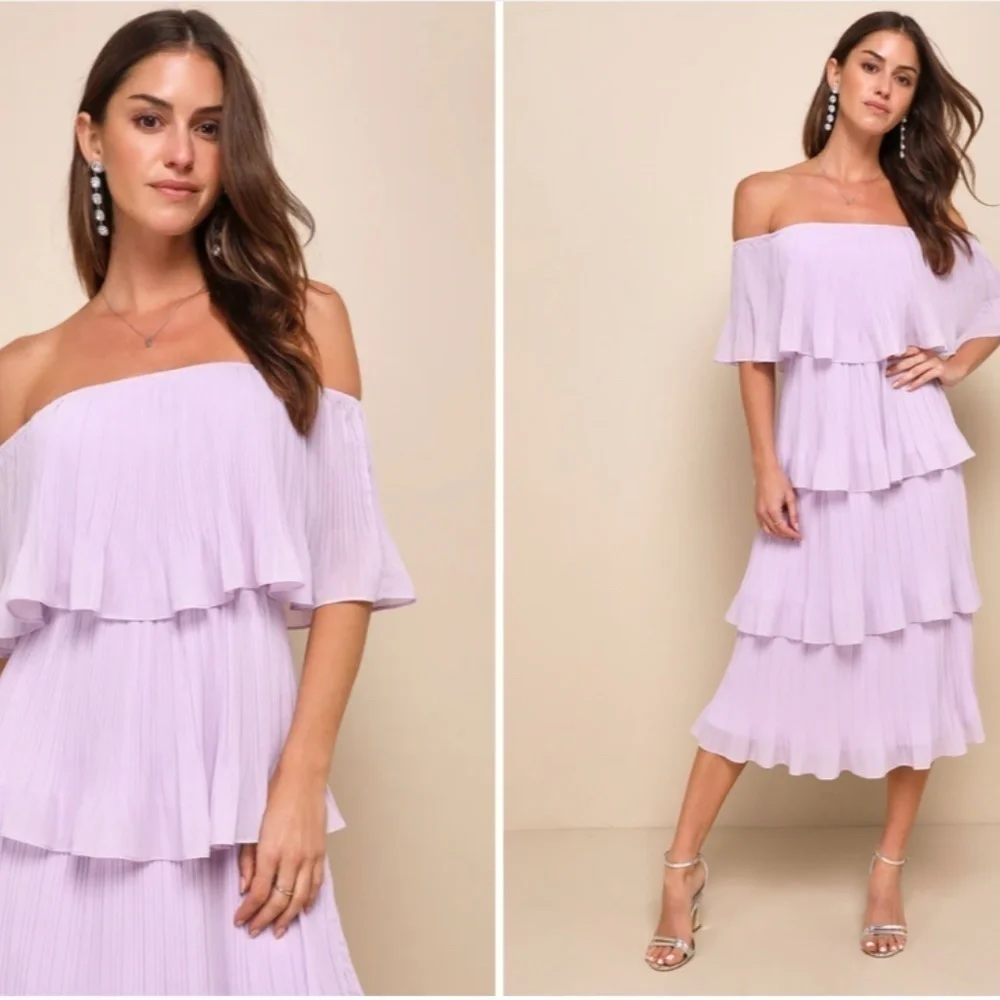 LULU's Prom Wedding Boho Romantic Tiered Ruffles Off the Shoulder Midi Dress